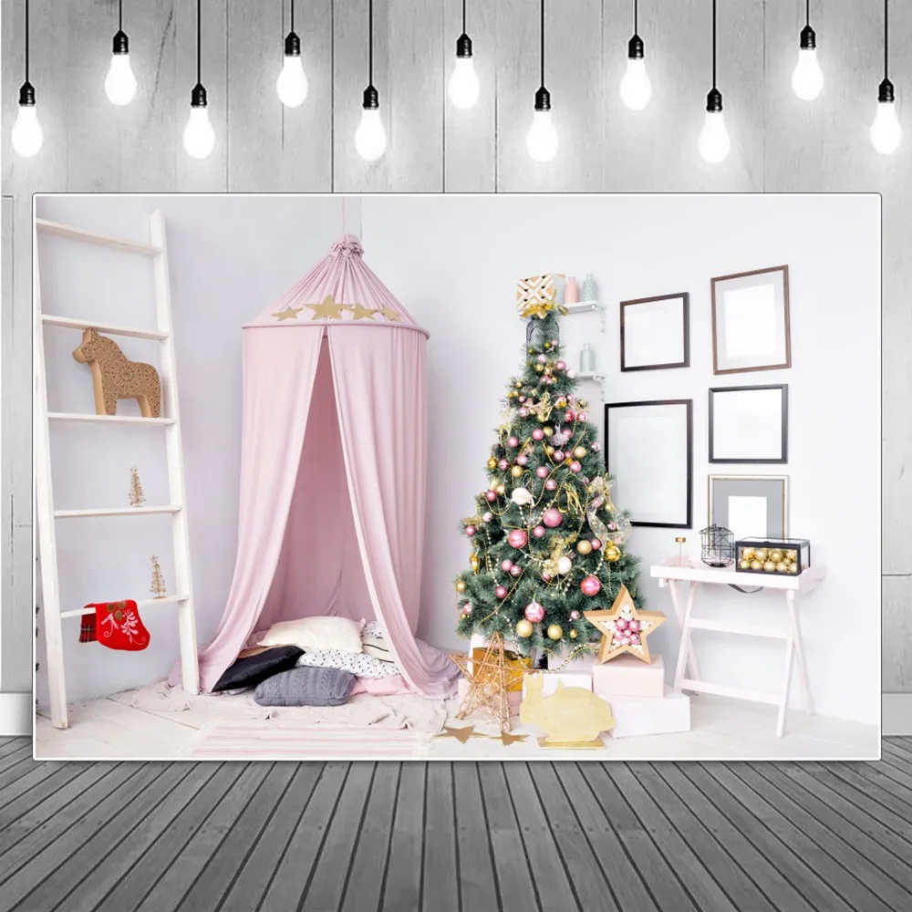 

Baby Tent Ornamented Christmas Tree Decoration Photography Backdrops House Corner Ladder Boxes Rabbits Cushion Photo Background
