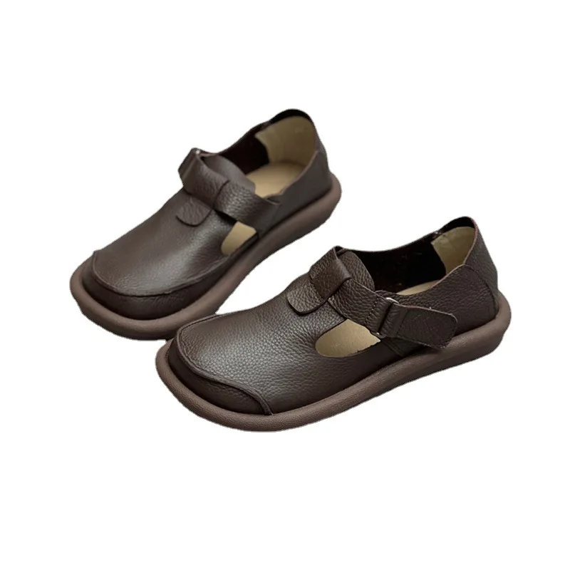 Whensinger - 2023 New Arrival Genuine Leather Shoes Women Round Toe Flats Buckle Strap Design 8566 Casual sneakers