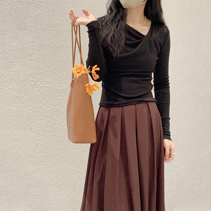 Женская Однотонная футболка с длинным рукавом простая эластичная Приталенная