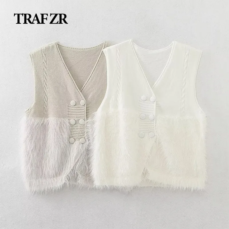 

TRAF ZR Vests for Women 2023 Crochet Winter Sleeveless Sweater Vest Women Knitted Sweater Women Knitwears Waistcoat Vintage Y2k