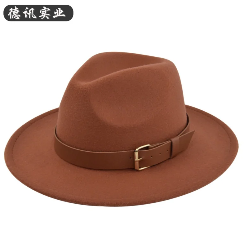 

New Wide Brown Belt Woolen Bowler Hat Belt Buckle Fedora Hat Retro Black Wool Cap Flat Brim Broad-Brimmed Hat