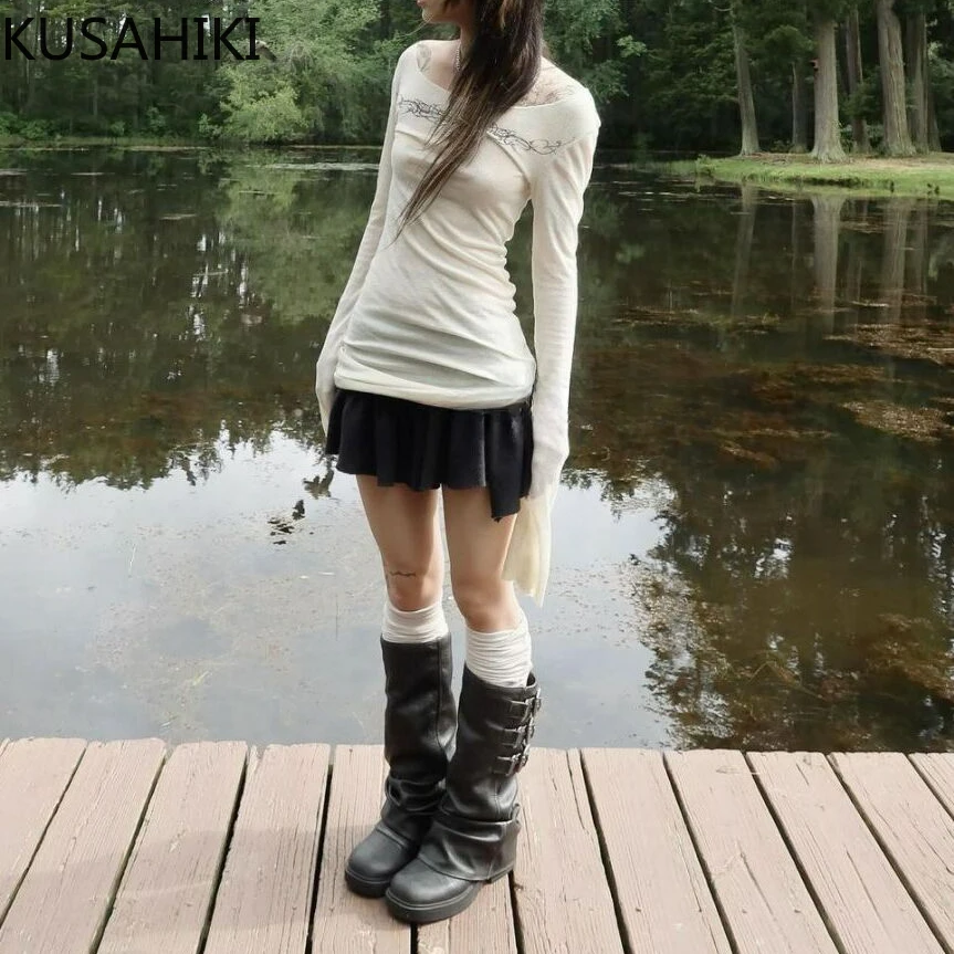 KUSAHIKI Осенняя футболка с круглым вырезом и длинными рукавами расклешенными