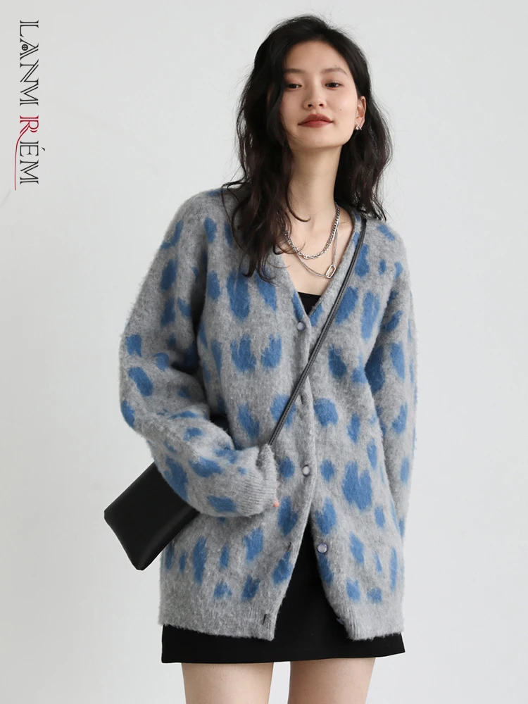 

LANMREM Retro Leopard Tie Dye V-neck Mohair Knitted Cardigan Coat For Women New Fashion Vintage Sweater 2022 Autumn 2R3892