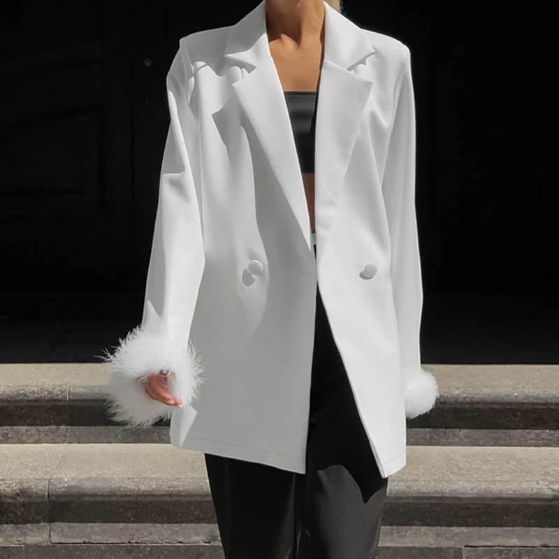 

Женский блейзер составного кроя, Белый свободный пиджак с отложным воротником и длинным рукавом, с перьями, в офисном стиле, осень 2023