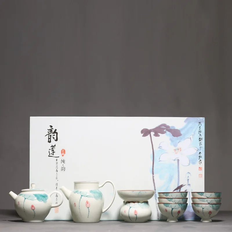 

Luxuries Hand Painted Lotus Tea Set Teapot Teacup Gift Box Light Luxury Chinese Celadon Gift Tea Set