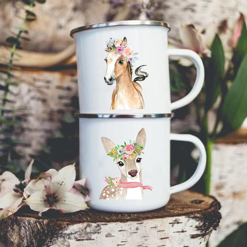 

Cute Animal Horse Deer Print Mugs Creative Drink Coffee Milk Cups Kawaii Kids Animal Theme Party Juice Enamel Mug Gift for Child