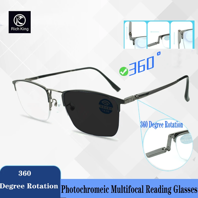 

Progressive Multifocal Photochromic Reading Glasses 360 Degree Rotation UV Protection Hyperopia Glasses Ultralight Metal Frame