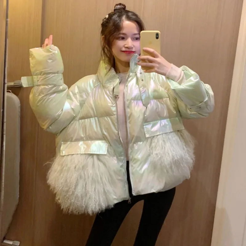 Women's Winter Silver Down Cotton Jacket Glossy 2021 Golden Big Fur Collar Thick Shiny Parka Long Pink Blue Warm Oversize Parkas