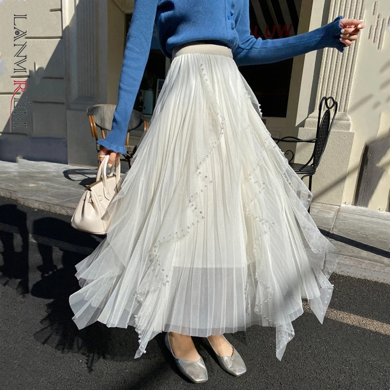 

LANMREM модная дизайнерская сетчатая юбка с бусинами, плиссированные юбки средней длины с высокой талией для женщин, новинка весны 2023, 2Q1360