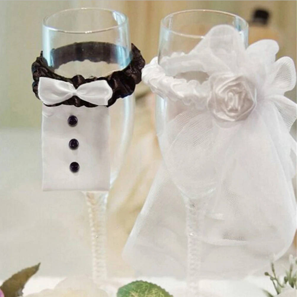 

2Pcs/Lot Wedding Bride Groom Dress Wine Cups Wraps Champagne Glass Bottles Cover Wedding decoration Party Events DIY Ornaments