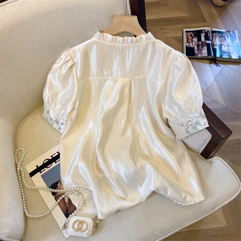 Атласные женские рубашки блузки с вышивкой в китайском стиле свободные модные
