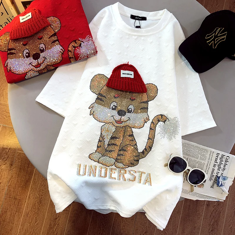 

Waffle Short Sleeve T-Shirts Women Heavy Industry Plus Size Thick Top Female Clothes Summer Shine Streetwear