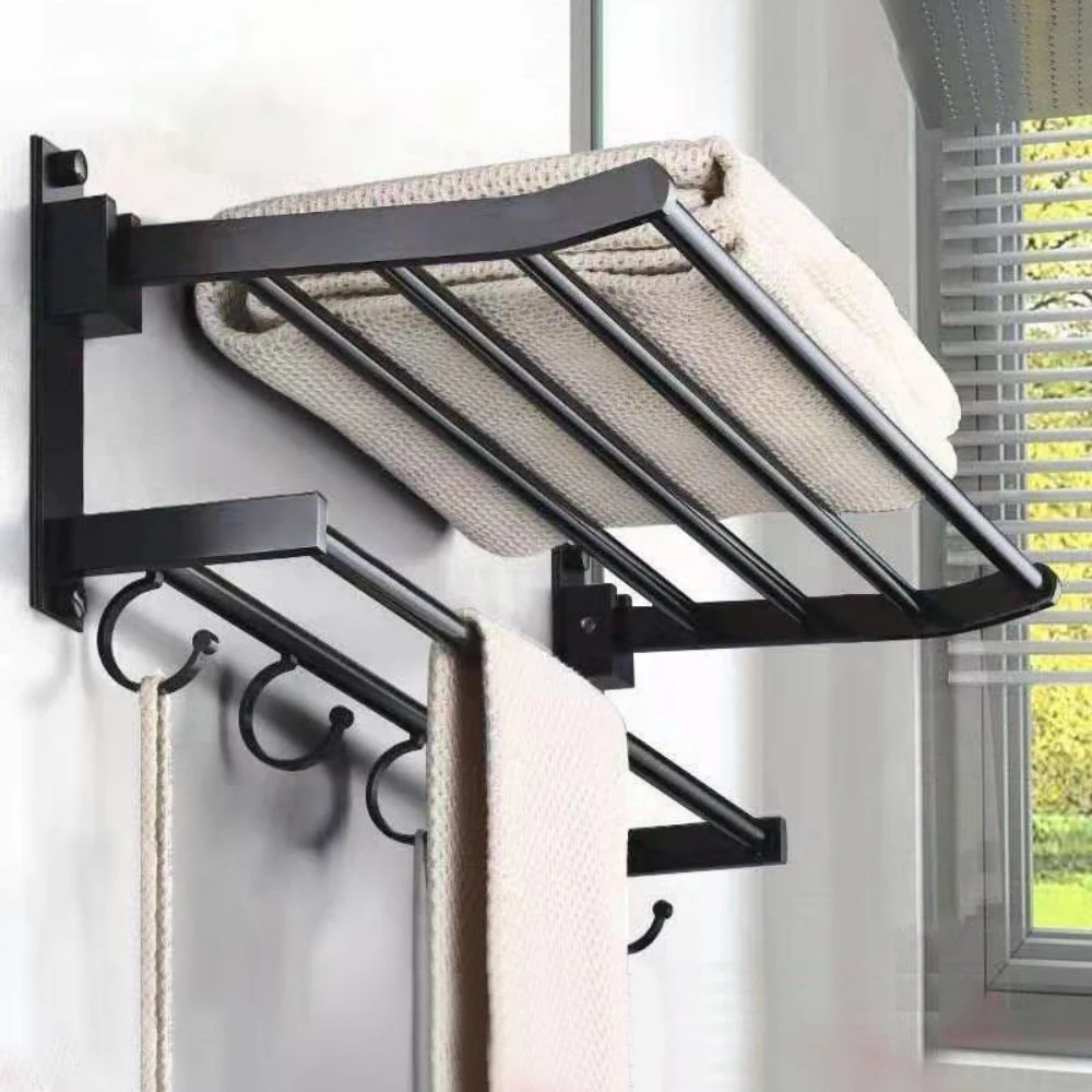 towel holder wall mounted black aluminum surface shower bars hanger adjustable fold clothes rack with hooks bathroom accessories free global shipping