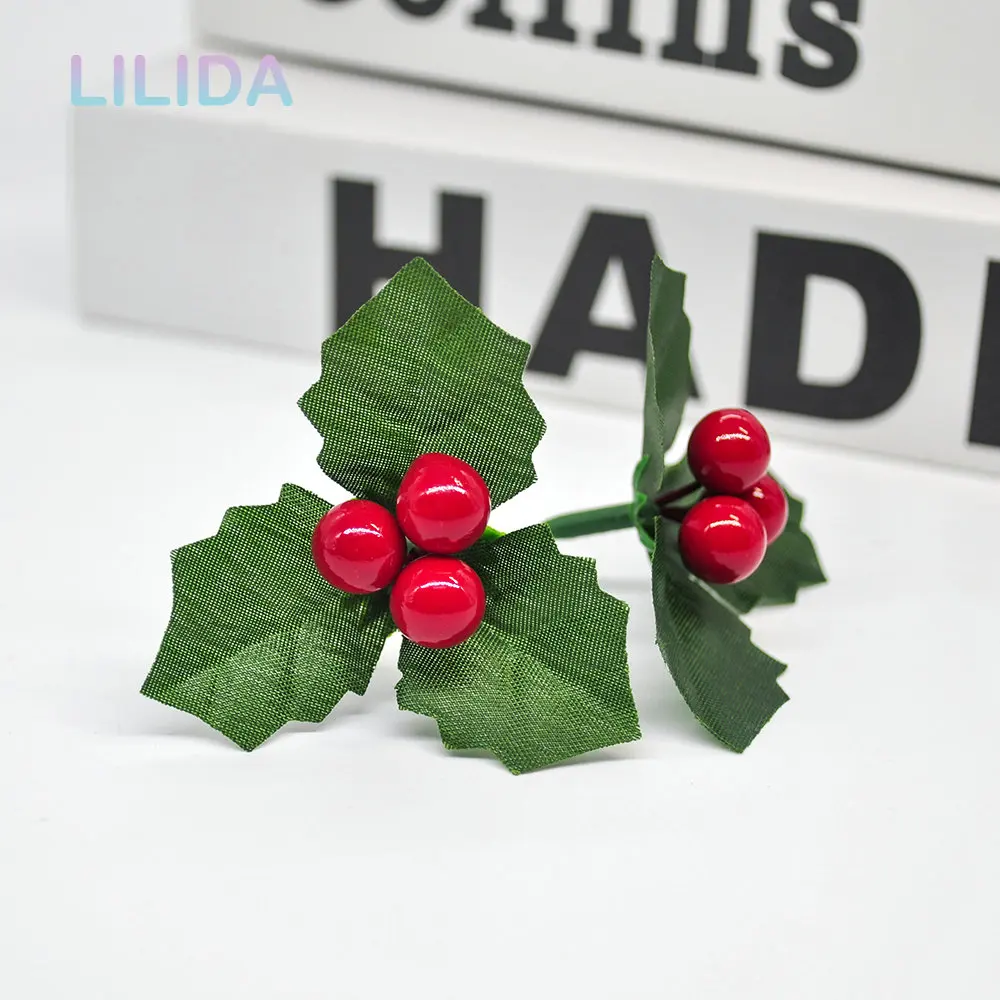 

6/12/24Pcs Christmas Leaves and Artificial Berry Red Christmas Pendant Cherries Decoration Home Decor Flowers Grass Garden Plant