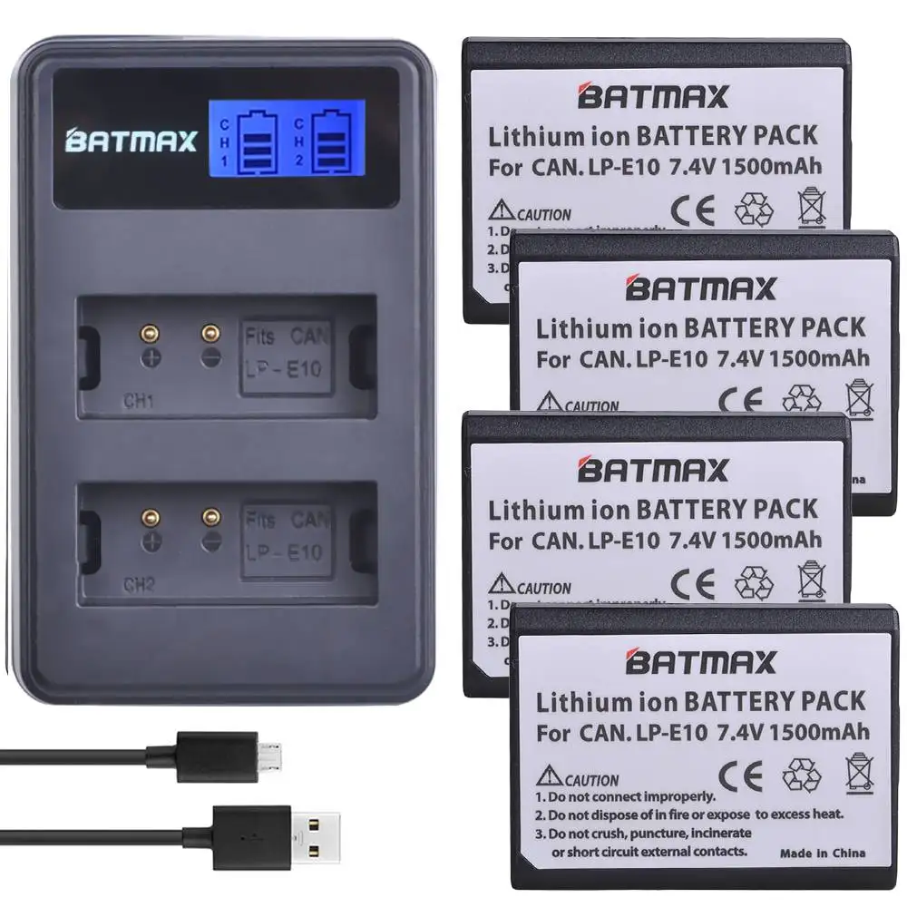 Фото Аккумулятор Batmax LP-E10 1500 мАч + зарядное устройство с двумя USB-портами и ЖК-дисплеем для Canon EOS 1100D 1200D 1300D Kiss X50 X70 X80 X90 Rebel T3 T5 T6 T7 №1