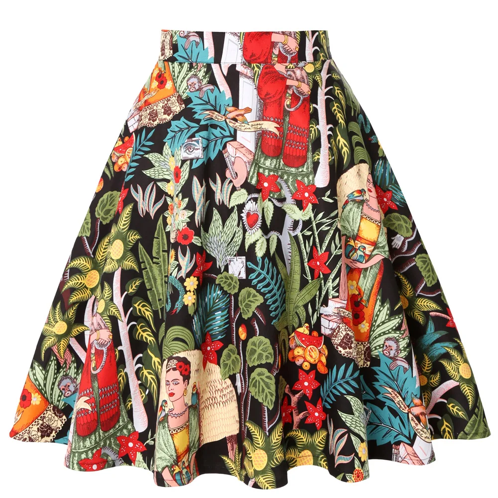 

Cotton Black Skirts Vintage 50s 60s Flower Printed Summer Skirt 2022 Women High Waist Audrey Hepburn A Line Swing Skirts