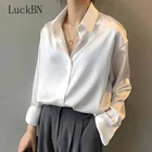 Женская атласная блузка на пуговицах, Элегантная Шелковая офисная рубашка в Корейском стиле, белая винтажная рубашка с длинным рукавом, топы, 2022