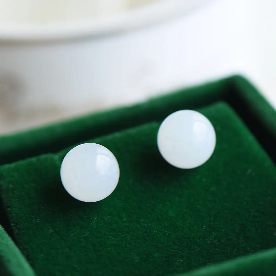 

S925 Sterling Silver White Jade Ball Stud Earrings Women Fine Jewelry Genuine Hetian Nephrite Certified Jades Round Bead Earring