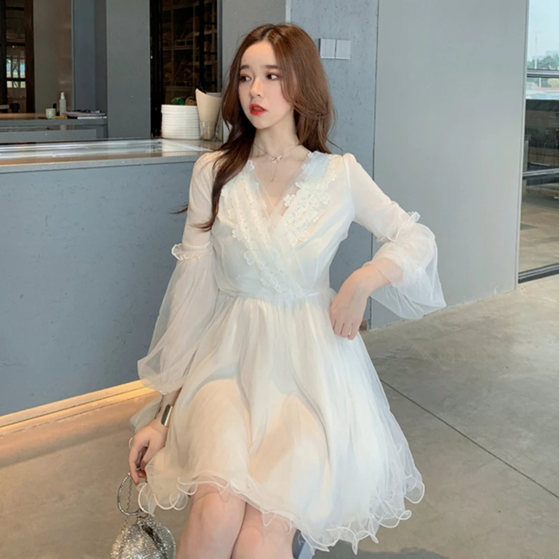 Женское платье с V-образным вырезом длинное Плиссированное кружевное в стиле