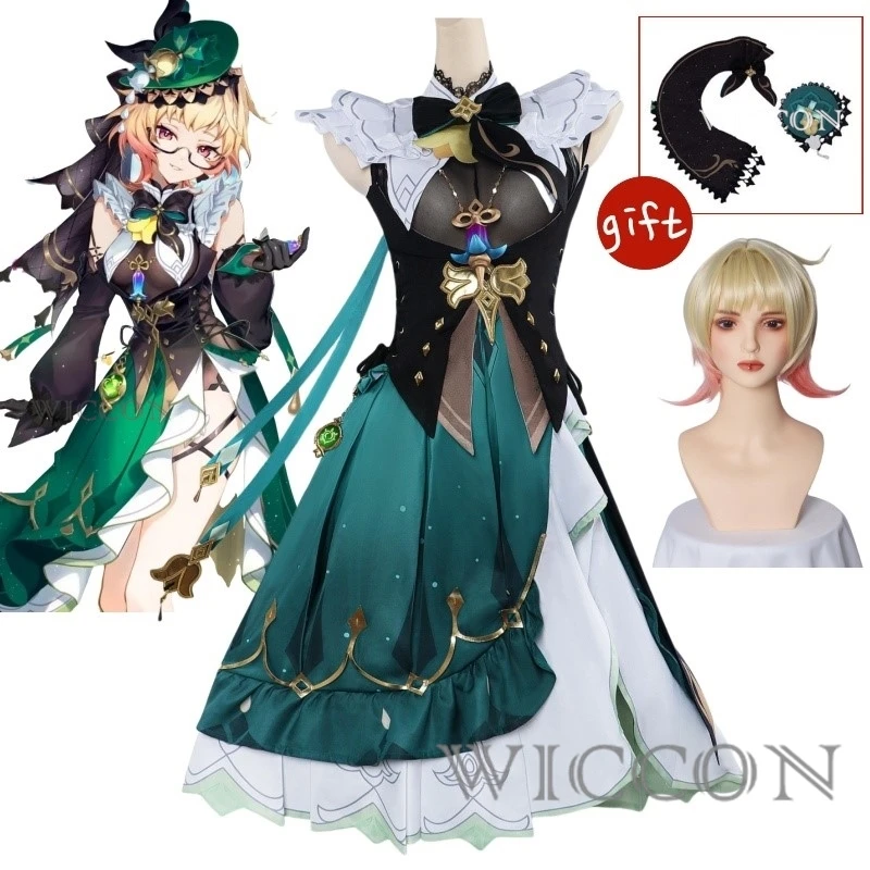 Genshin Impact Emilie Косплей Костюм Парик Платье Униформа Серьги Очки Шляпа Фонтейн Розы