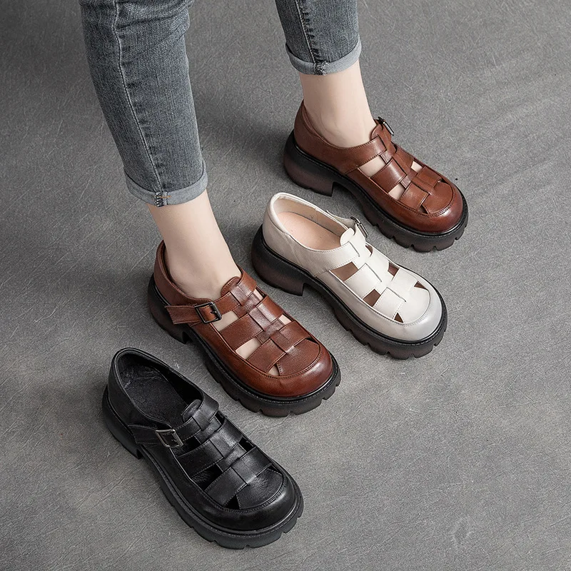 CICIYANG Sandals for Women Natural Genuine Leather 2023 New Summer Woven Retro Roman Sandals Ladies Casual Platform Hollow Shoes