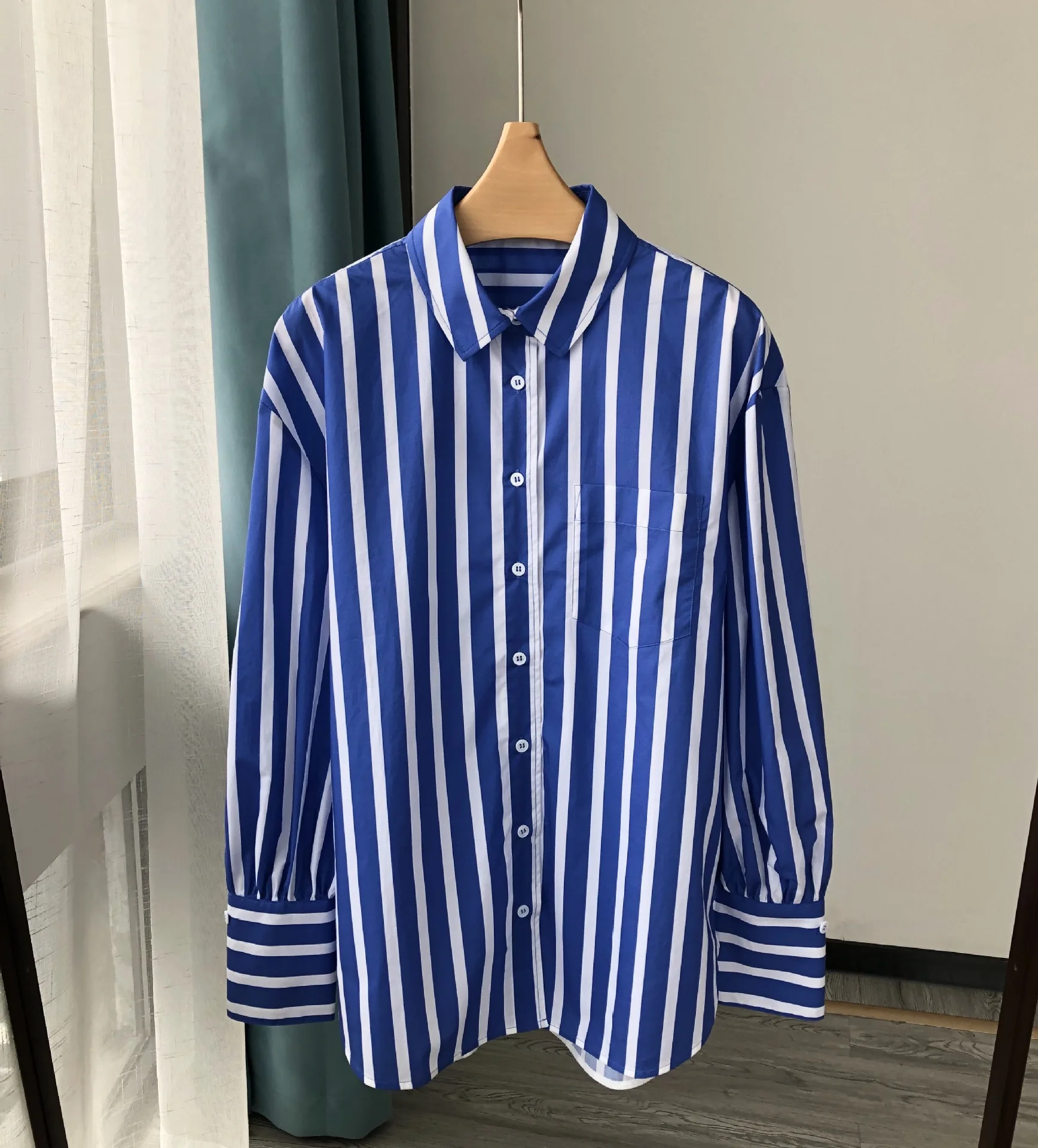 Vintage Autumn Embroidery 100% Cotton Long Sleeves Loose Clothes Womens Tops and Blouse Fashion Blue White Striped Shirt Female