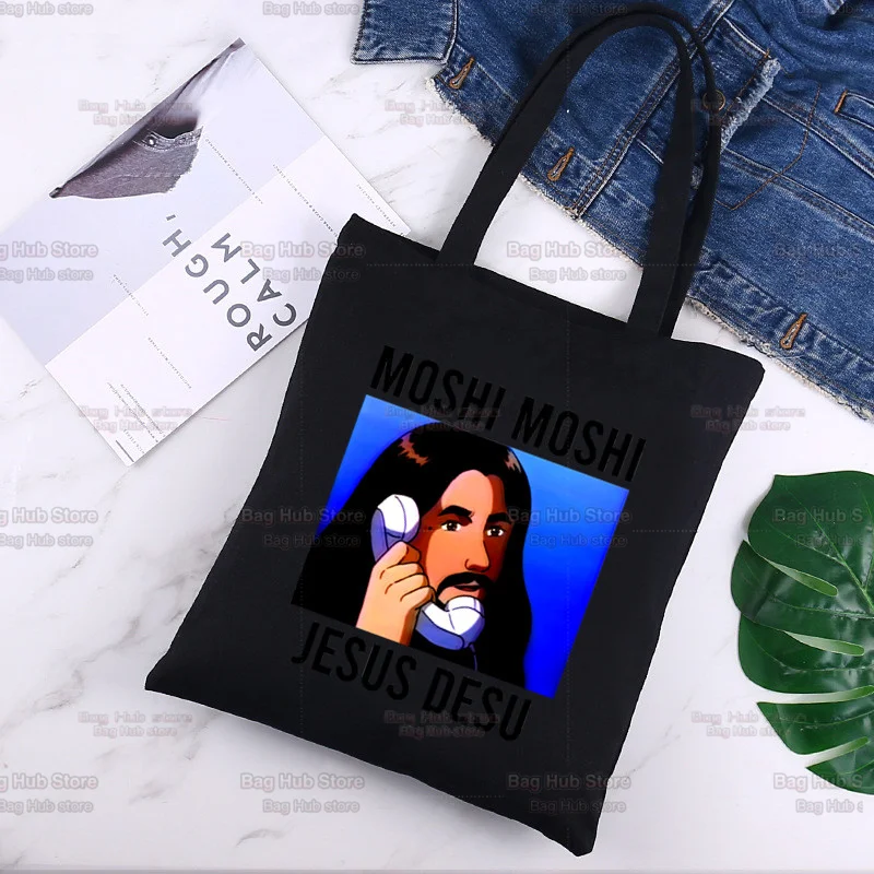 

Moshi Moshi Jesus Desu Canvas Bag Harajuku Style Shopper Bag Fashion Casual Summer Black Shoulder Bags
