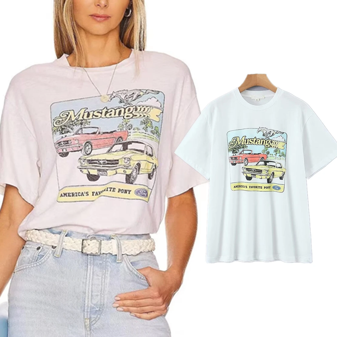 

Elmsk 2023 Summer Printing Cotton Tshirts American Style Retro Loose Cartoon Car T-shirt For Women Tops