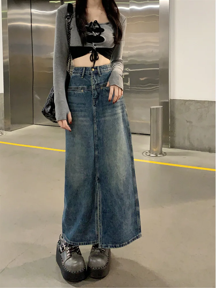 

Юбка женская джинсовая средней длины, винтажная Простая прямая трапециевидная юбка с карманами, с разрезом, голубая длинная, весна-осень