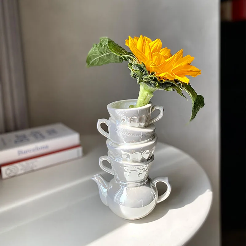 

White Vase French Style Home Decor Stacked Cups Flower Pot Tabletop ваза decoration maison Vases For Bedroom Decoration