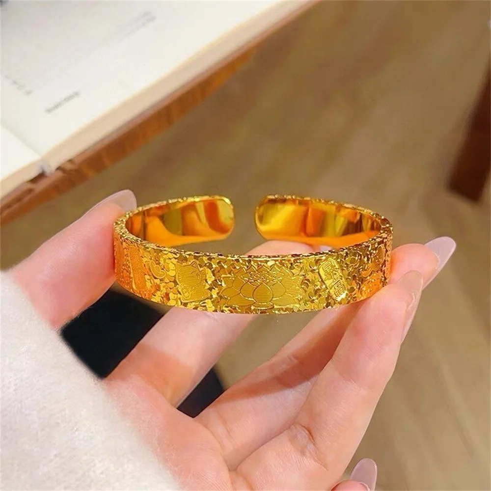 Фото Унисекс браслет-кафф из нержавеющей стали с позолотой 14K, с эффектом битого льда и узором лотоса, в стиле панк, модный, для женщин, оптом №3