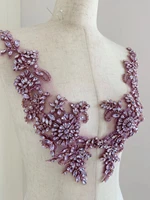 1 pair purple crystal florals heavy rhinestone leaf bodice patch french bead applique for coutureweddingbridal costume
