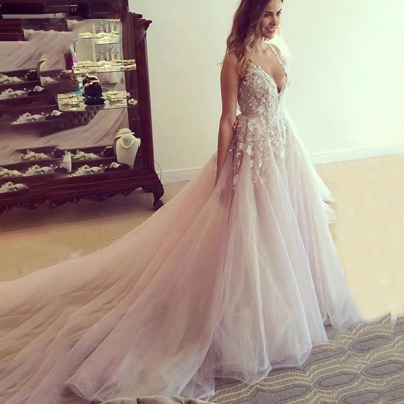 

V-Neck Tulle Wedding Dresses Applique Open Back Sleeveless A-Line Floor Length Cathedral Train Bridal Dress Vestido De Noiva