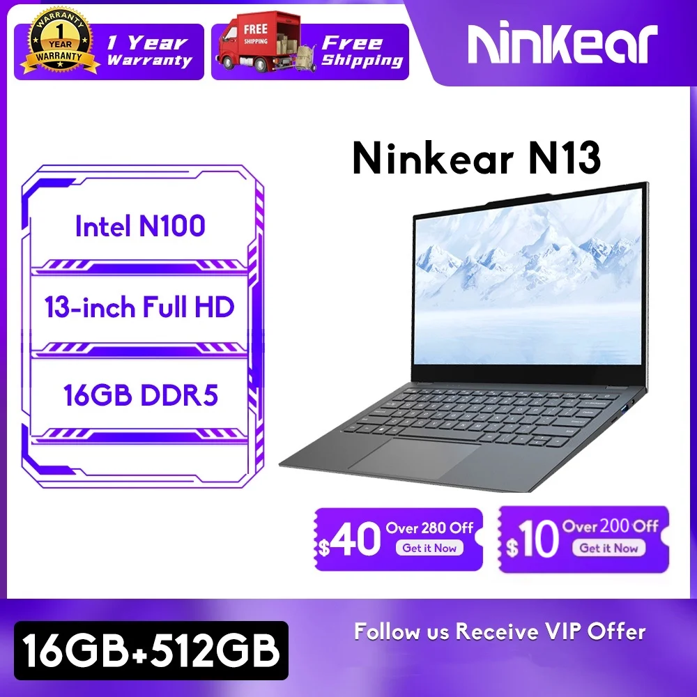 

Ninkear Laptop N13 13.3-inch Full HD Intel Celeron N100 16GB DDR5+512GB SSD WiFi 6 Touch ID Office Notebook Windows 11 Ultrabook