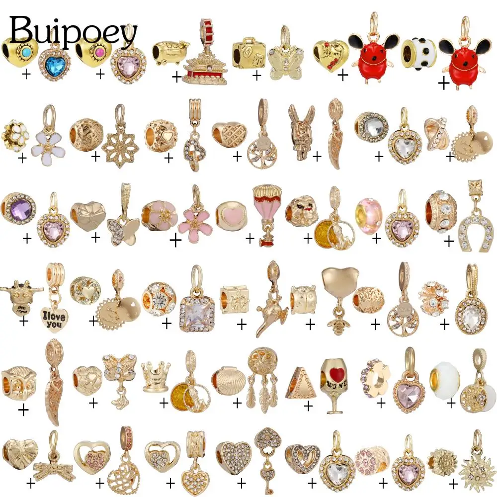 

Buipoey 2pcs/lot Golden Heart Bead Crystal Charm Wing Mouse Lion Pendant Fit Diy Beaded Bracelet Necklace Handmade Jewelry Gifts
