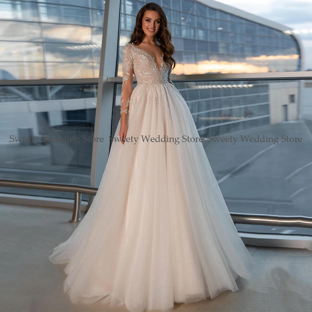 

Glitter Wedding Dress for Women Sexy Deep V Neck Long Sleeves Sparkling Beading Sequined Tulle A Line Bridal Gown Vestido Noiva