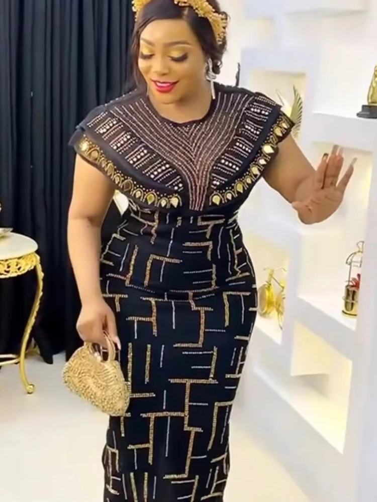 

2023 Spring Midi Dress African Dress for Women Sexy Daily Elegant Long Bodycon Dresses Rhinestone Robe Femme African Clothes