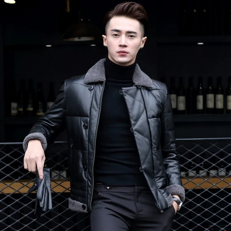 

Genuine leather jacket with wool lapel, luxury, male, winter, casual, warm zipper jacket, lambskin, plus size, 2022 New
