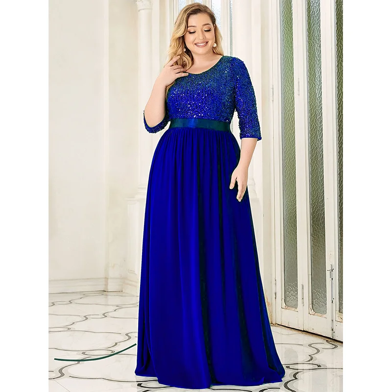 Plus Size Elegant Shiny Round Neck Maxi Chiffon Dress 4XL5XL Spring Summer Women Banquet Party Plus Size Wedding Evening Dreeses