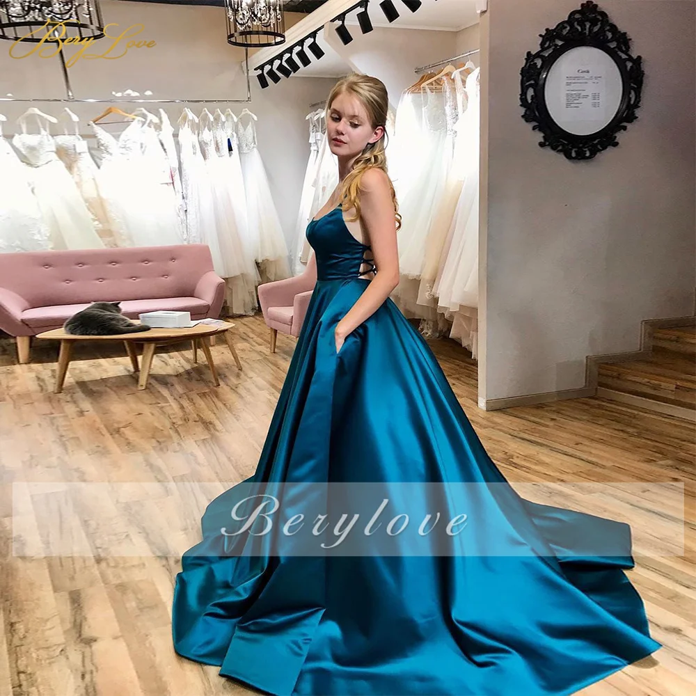 Сексуальные синие атласные вечерние платья а-силуэта с открытой спиной женское