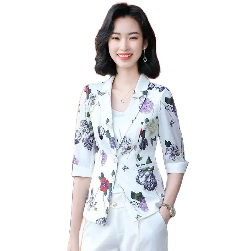 Blazer Women Printing Small Suit Coat 2022 Spring Summer New Korean One Button Slim Blazer Jacket Ladies 3/4 Sleeve Fashion Tops