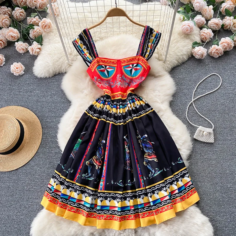 

Holiday Ruffle Camisole Dress 2022 Summer New Retro Ethnic Print Spaghetti Strap High Waist French Vintage Female Fashion Skirt
