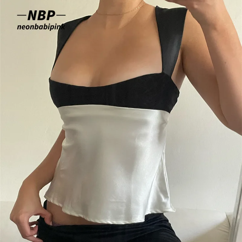 

NEONBABIPINK черно-белый лоскутный кроп-топ с квадратным вырезом Женская одежда 2022 летние элегантные сексуальные рубашки без рукавов