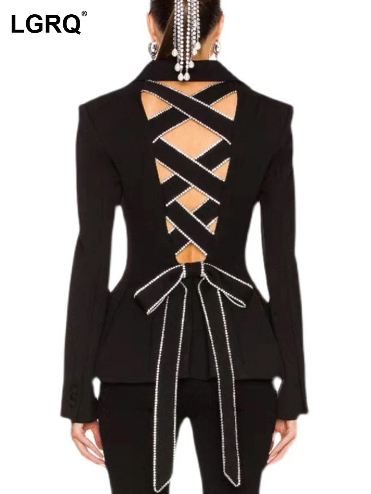 

[LGRQ] Diamond Hollow Out Bow Women's Blazer New Lapel Long Sleeve Loose Casual Jacket Fashion Tide Autumn Autumn 2023 19D7376