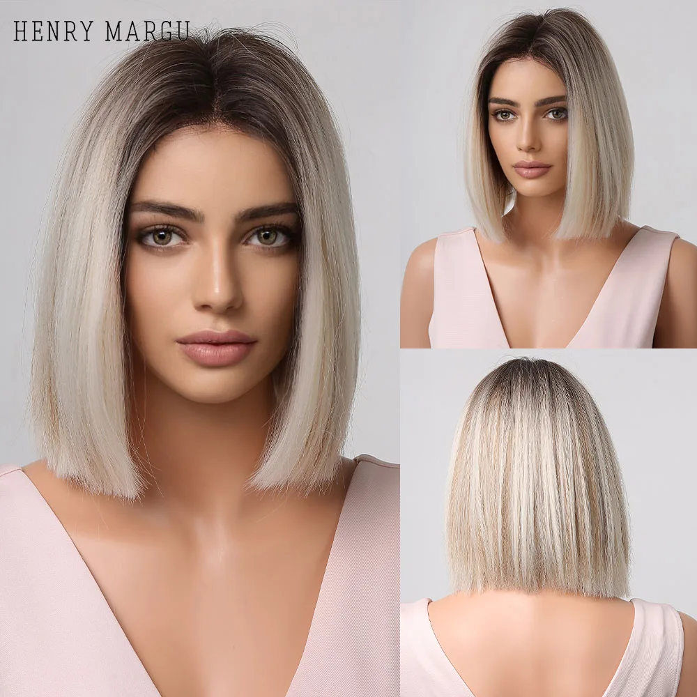 

HENRY MARGU Ombre Brown Platinum Blonde Synthetic Wigs Short Straight Bob Wigs for Women Natural Heat Resistant Hair Cosplay