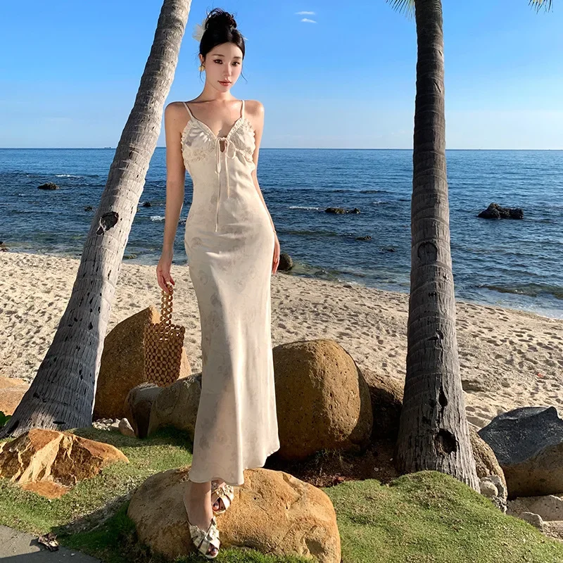 Элегантное утягивающее платье-майка с открытой спиной для женщин летнее длинное