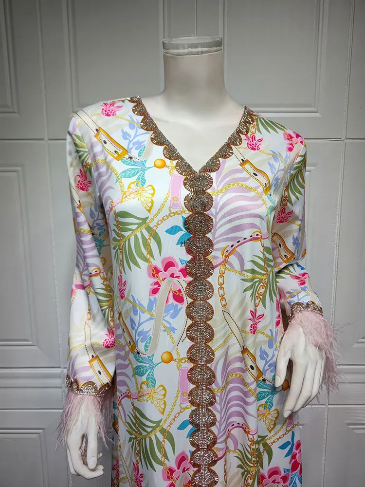 Floral Printed Abaya Arabic Long Dress Women Feather Cuff Bead Trim Eid Muslim Dresses Moroccan Caftan Gulf Jalabiya Dubai Abaya