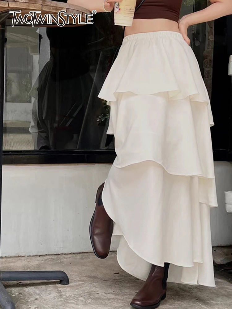 

TWOTWINSTYLE Solid Tierred Skirt For Women High Waist Patchwork Folds Loose A Line Fashion Long Skirts Female Summer Clothing