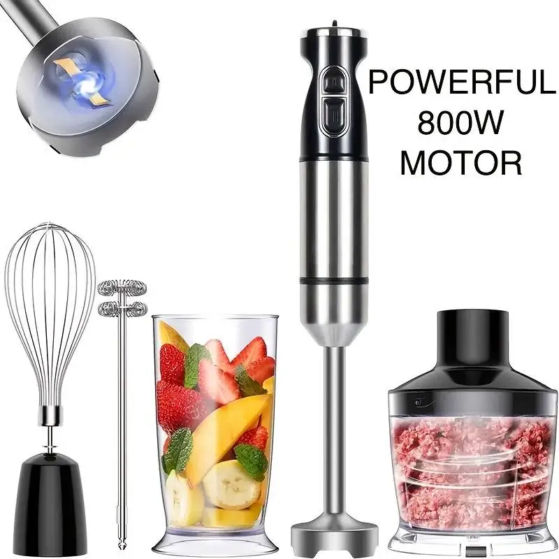 

800W 5-in-1 Hand Blender: 20.3 OZ Mixing Beaker, 17 OZ Chopper, Titanium Plated Blade, Variable Speeds, and Milk Frother Attachm