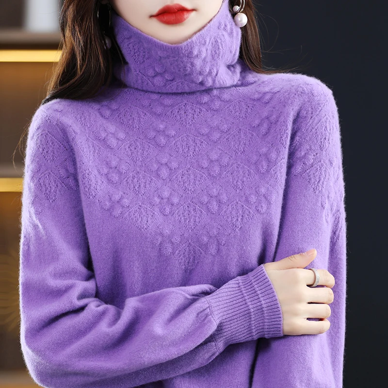 

Женская водолазка из чистой шерсти, свободный жаккардовый пуловер в Корейском стиле, вязаные топы, Осень-Зима 100%